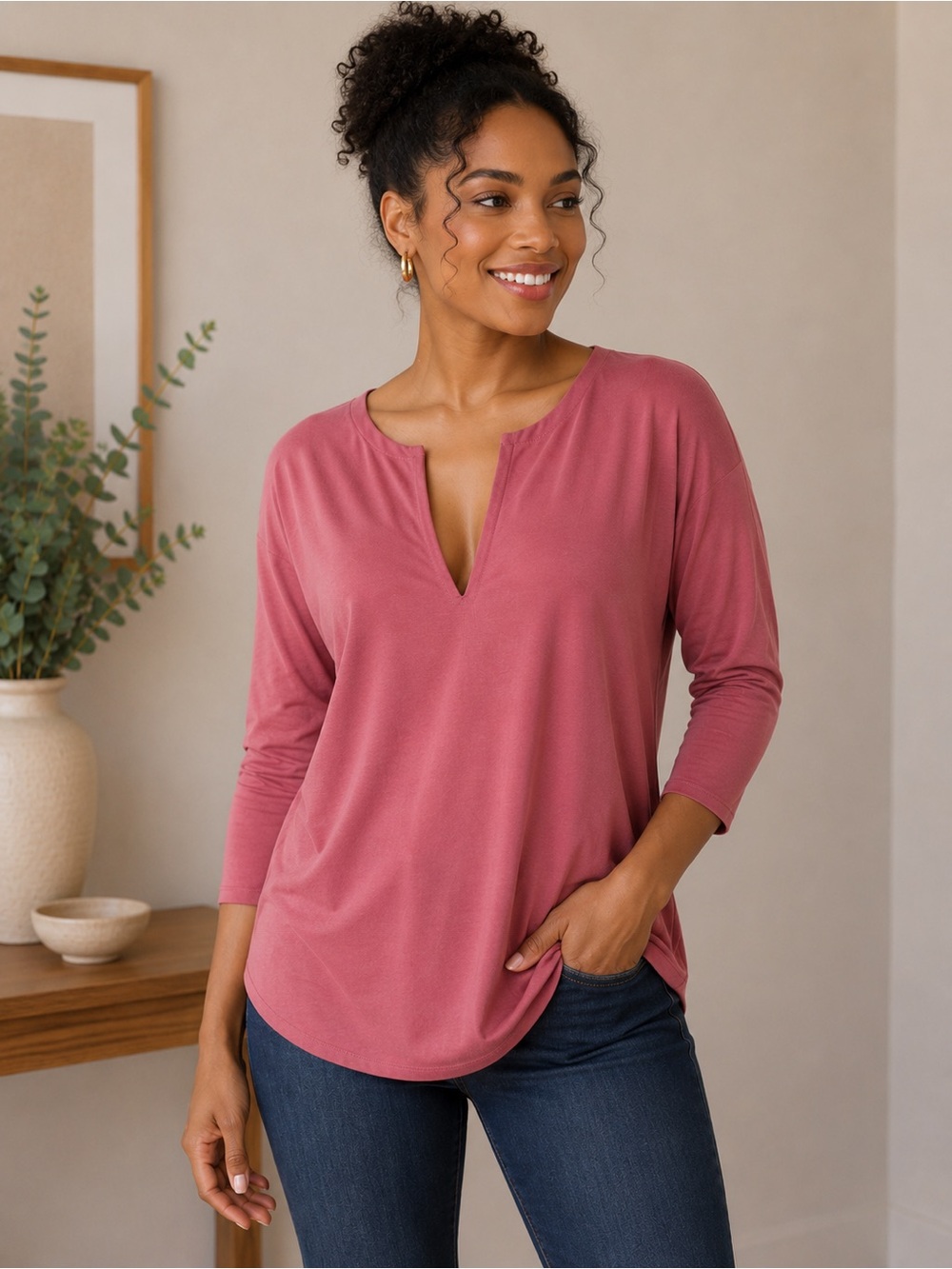 Tahari Dusty Rose Split Neck 3/4 Sleeve Knit Top Blouse XL NWT Soft Chic